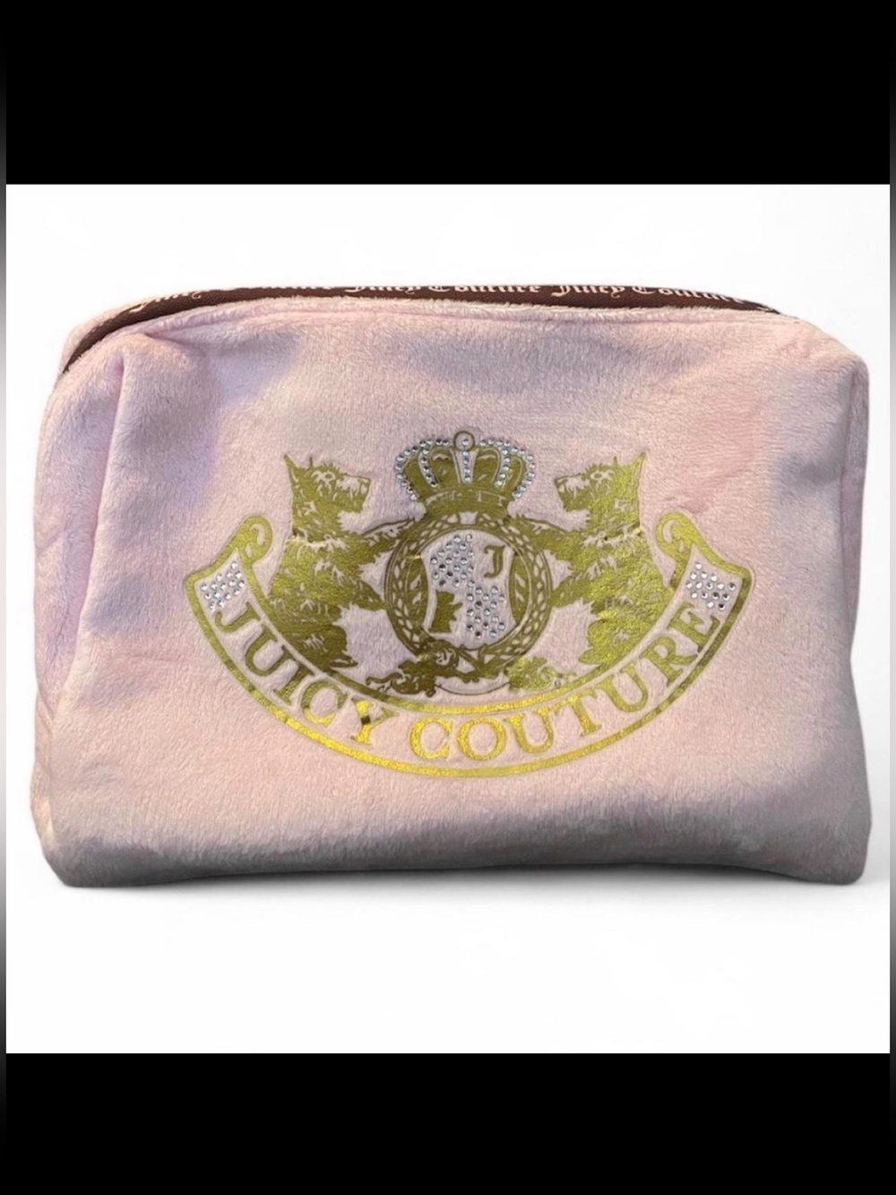 Juicy Couture Pink Velvet Cosmetic Pouch with Gold Crest and Rhinestones